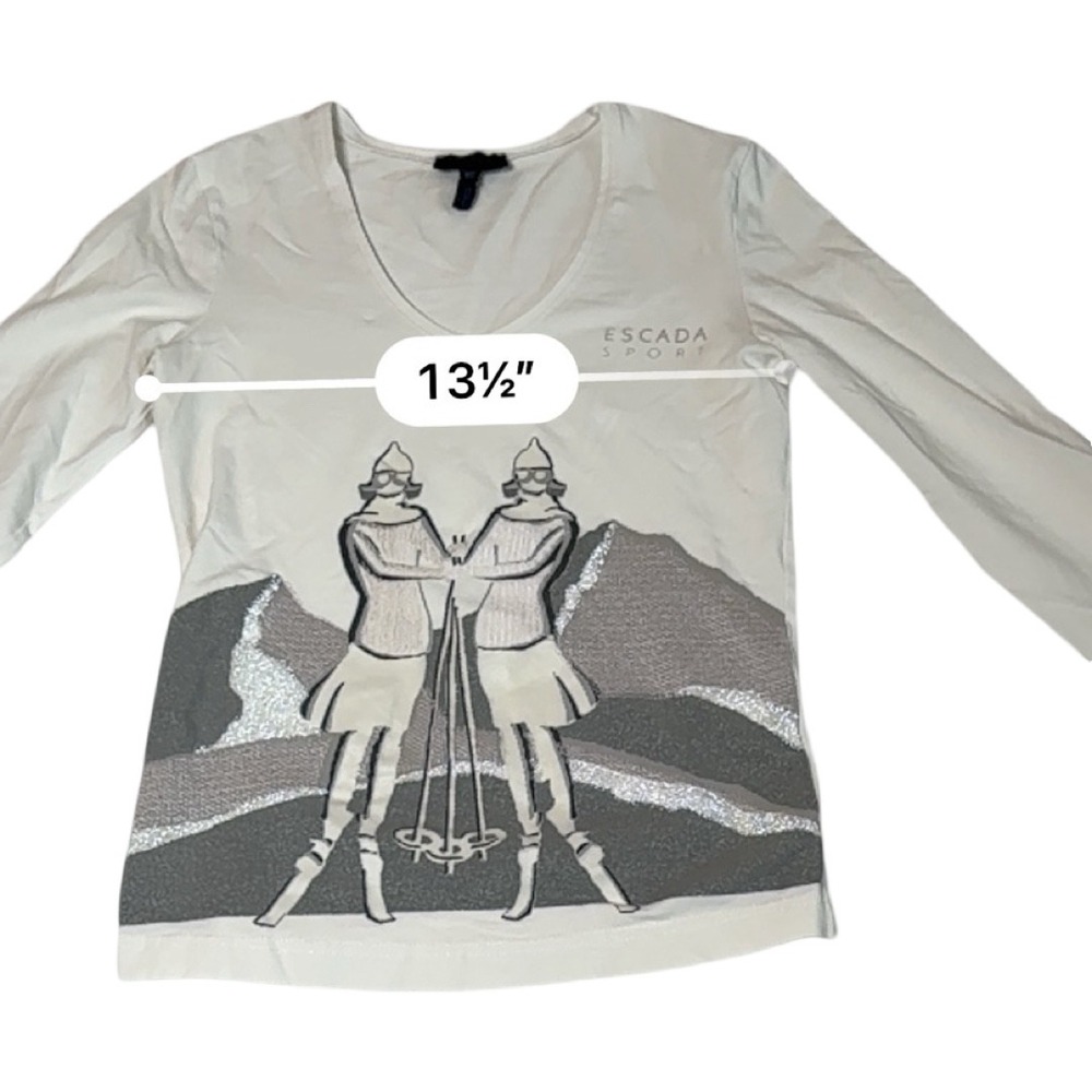 Escada Sport White Ski Graphic V-Neck Long Sleeve Top Glitter Accents XS Greece - Picture 7 of 7